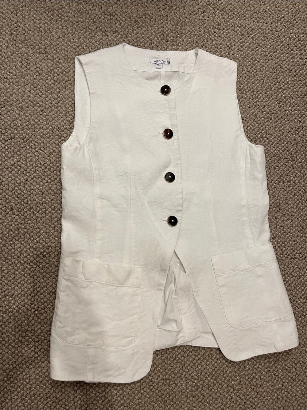 Chico's White Sleeveless Linen Button Vest
